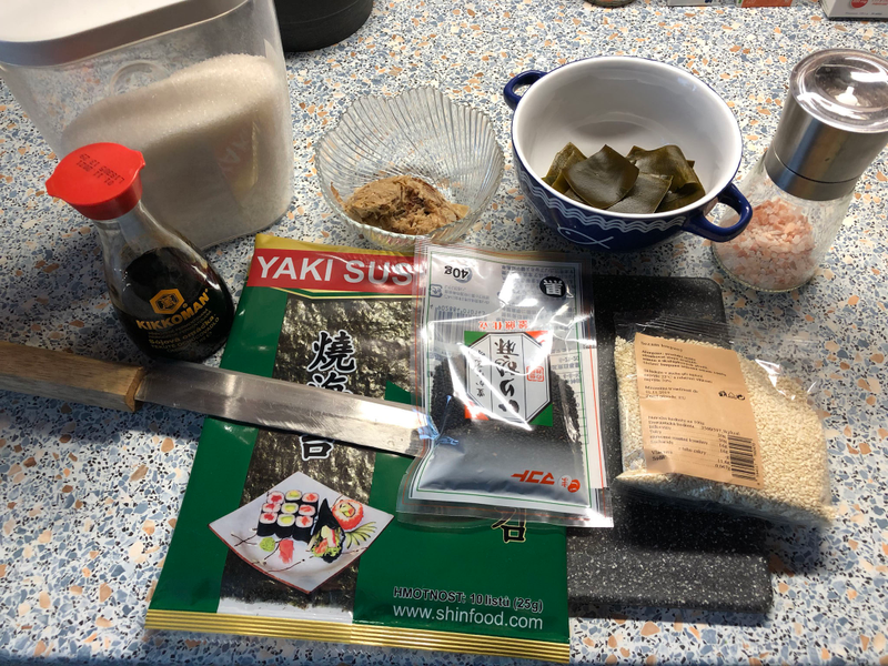 Top row: sugar, leftover katsuobushi, leftover kombu, saltBottom row: soy sauce, nori seaweed, black sesame seeds, white sesame seeds